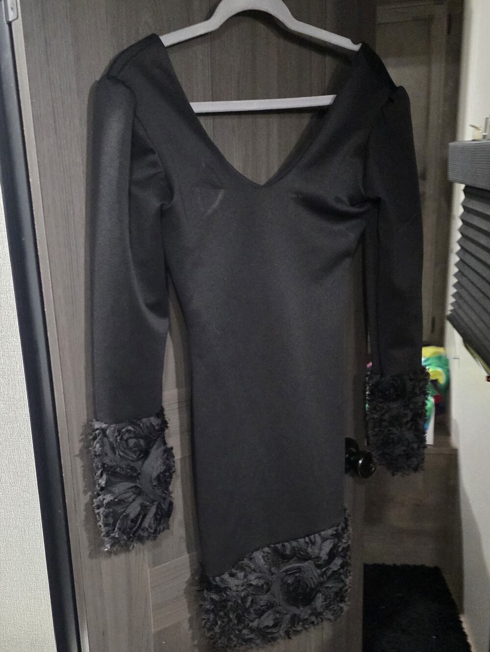 Akini Fashions Black Bodycon Mini Dress Small Long Sleeve Floral Trim NWT Party